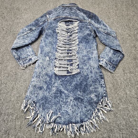Thrill Jeans Denim Jacket Dress Medium Distressed Destroyed Button Front Frayed - Picture 2 of 10